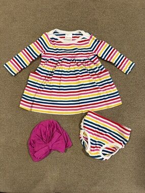 Hanna Andersson Rainbow Stripe Dress Set with Ruffle Bloomer and Pink Turban